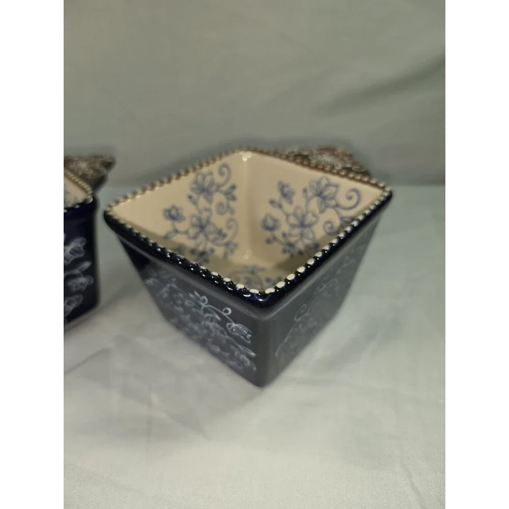 Temp-tations Floral Lace Cobalt Blue 10 OZ Square Ramekins Mini Bakers Set of 4